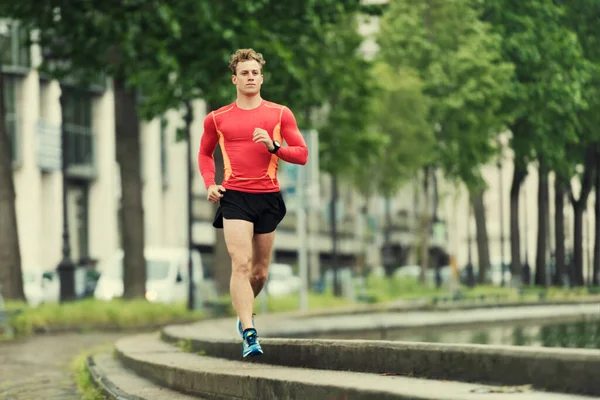 Young Running Man City Caucasian Cheerfull Jogger Male His 20S — Zdjęcie stockowe