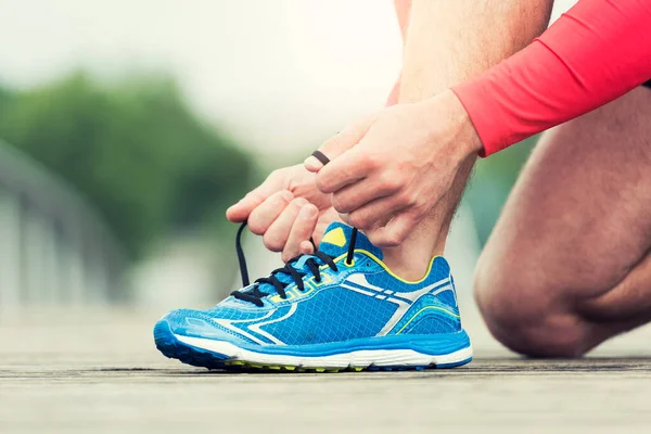 Runner Tying His Running Shoes City Man Shoelace Sneakers — Zdjęcie stockowe