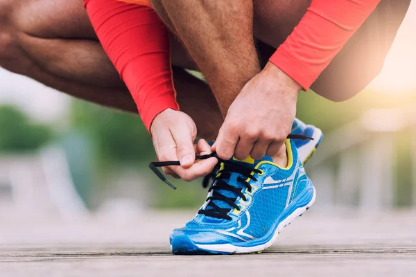 Runner Tying His Running Shoes City Man Shoelace Sneakers — Zdjęcie stockowe