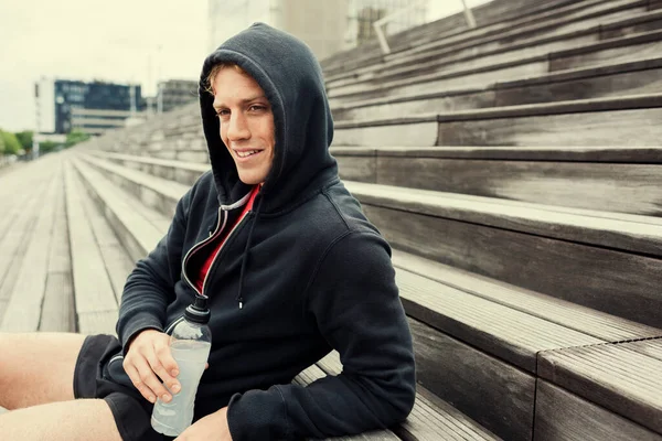 Urban Sportman Resting Workout Sitting Stairs Drinking Water — Stock Photo, Image