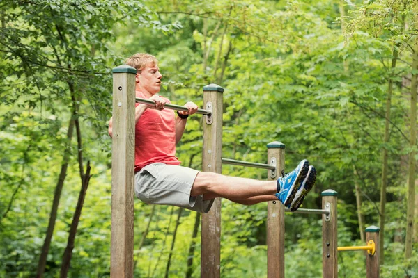 Parktaki barın üstünde şınav çeken erkek sporcu. Dışarıda çalış.