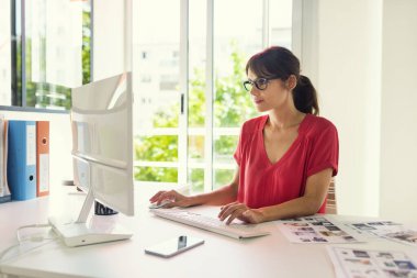 İdari finans uzmanı olgun bir kadın iş yerinde bilgisayarla çalışıyor.