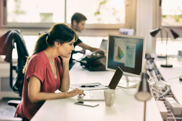 Coworkers Office Focus Middle Aged Woman Working Laptop Computer — Stock Photo, Image