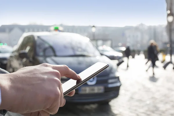 Man Orders Taxi His Mobile Phone Close Hands — Stock Photo, Image