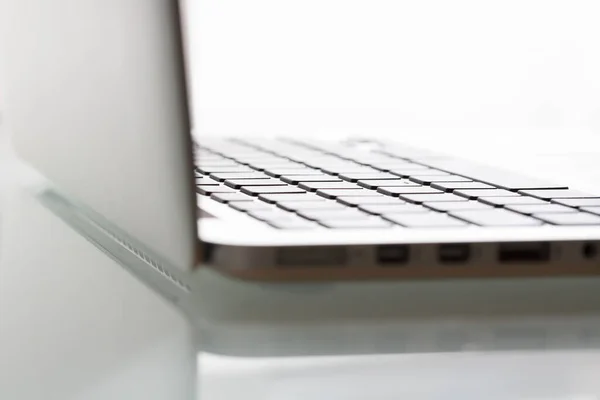 Laptop Modern Glass Table Office Focus Keyboard — Stok fotoğraf