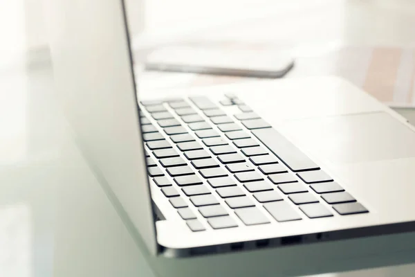 Laptop Modern Glass Table Office Focus Keyboard — Stock Photo, Image