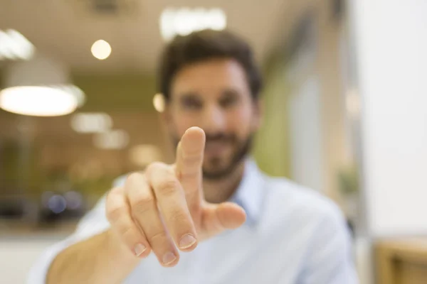 Man Hand Pushing Digital Screen Office Background — Stockfoto