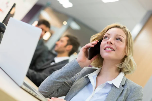 Businesswoman Talking Mobile Phone Modern Office — Photo