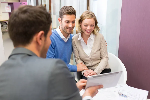 Young Couple Meeting Real Estate Showing House Project Stock Picture