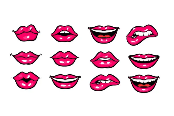 Pink red woman lips in pop art style. — Stock Vector