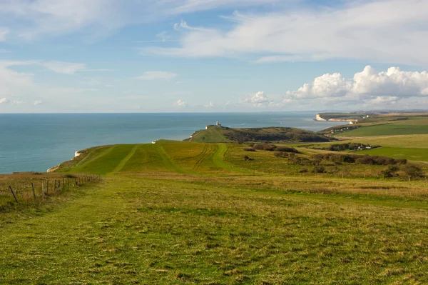 Doğu Sussex, İngiltere 'de Beachy Head' deki kayalıklar ve sahil şeridi. Brighton 'a doğru batıya bak.