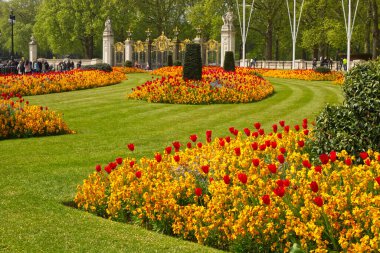 Buckingham Sarayı 'nın dışındaki Green Park' a resmi lale ve diğer çiçeklerden oluşan yataklar. Tanınmayan insanlar.