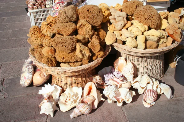 Esponjas naturales, souvenirs y conchas a la venta en el mercado callejero —  Fotos de Stock