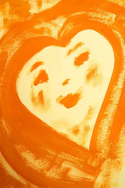 Smiling lady with its heart shape head (orange color painted background) — Stock Photo, Image