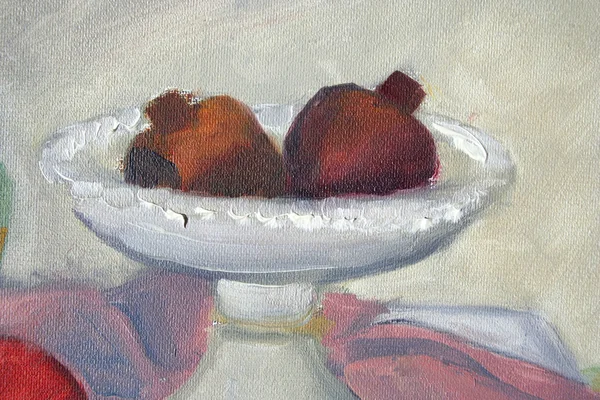 Pomegranates in plate painting, oil on canvas — Stock Photo, Image