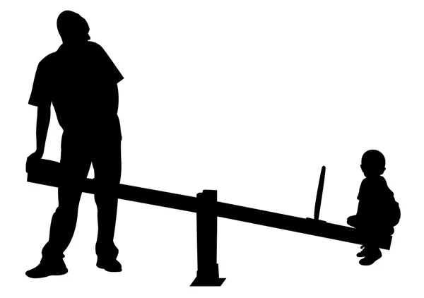 Padre y niño jugando, balancín, silueta vector — Vector de stock