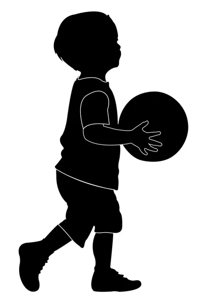 Niño jugando baloncesto, niño y bola, silueta vector — Archivo Imágenes Vectoriales