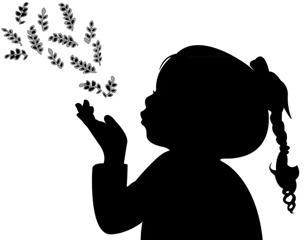 Yaprakları üfleyen bir çocuk, siluet vektörü — Stok Vektör