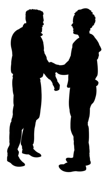 Siluetas negras de dos hombres de pie y hablando entre sí — Vector de stock