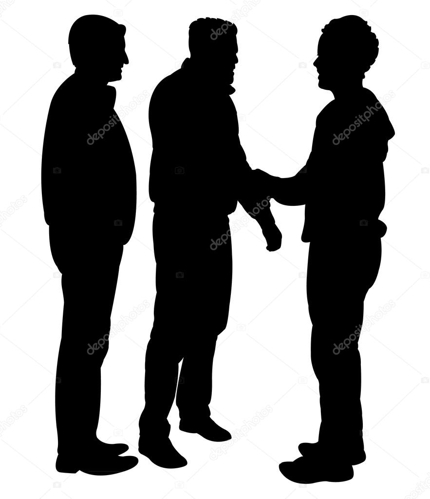 Black silhouettes of two three standing and talking to each other