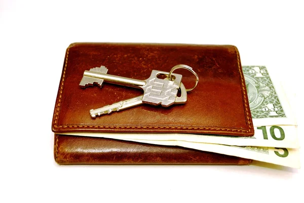 Banknotes, purse and keys — Stock Photo, Image