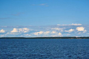 Gökyüzünde bulutlar ve ufukta orman olan güzel su manzarası.