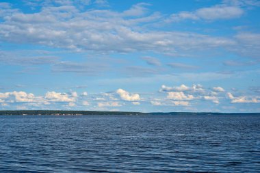 Gökyüzünde bulutlar ve ufukta orman olan güzel su manzarası.