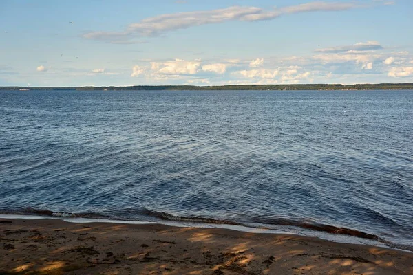 Ufukta orman ve gökyüzü ile ön planda kumlu sahilin bir kısmıyla su manzarası