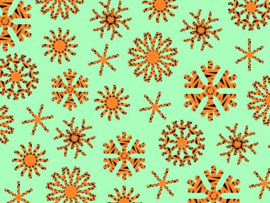 Yeni yılın çok renkli, şenlikli ve parlak geçmişi. Turkuaz arka planda kaplan izi olan kar taneleri. Yatay yerleşim planı. Vektör illüstrasyonu.