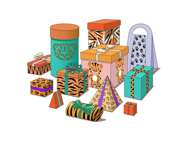 Set Weihnachtsgeschenkboxen Mit Tiger Symbol Von 2022 Ein Mehrfarbiges Und — Stockvektor