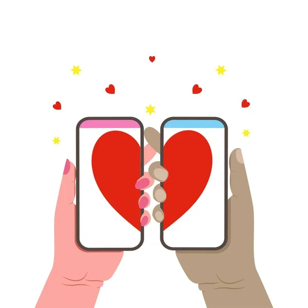 Valentinstag Liebeserklärung Und Kommunikation Handy Mehrfarbiges Bild Auf Weißem Hintergrund — Stockvektor