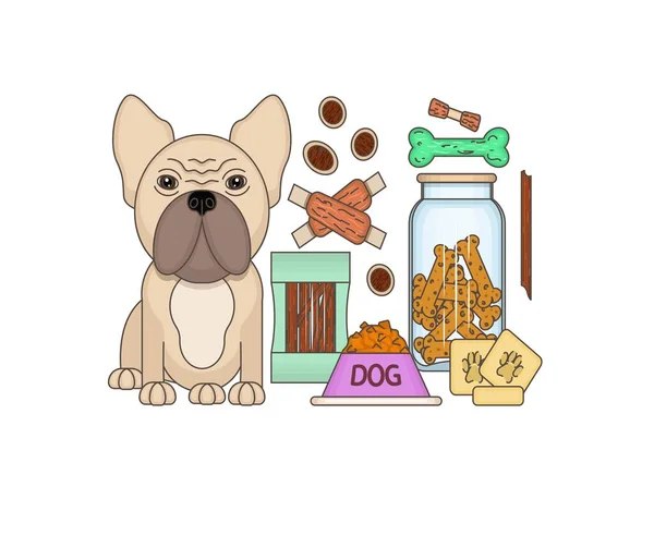 犬に餌をやる 犬の横に乾燥食品やペットの軽食のボウルです マルチカラー画像 接近中だ テキスト用の無料スペースがあります ベクターイラスト — ストックベクタ