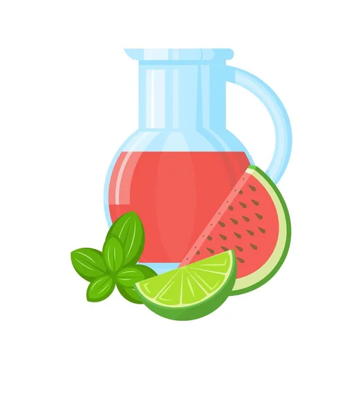 Rebanadas Lima Sandía Menta Fondo Una Jarra Jugo Fresco Muestra — Vector de stock