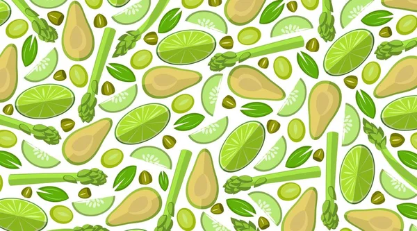 Avocadoscheiben Gurken Limetten Oliven Kapern Basilikumblättern Und Spargelzweigen Stichprobe Hintergrundbild — Stockvektor