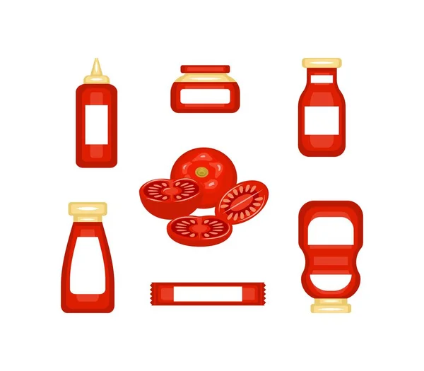 Ensemble Bouteilles Emballages Bocaux Pour Ketchup Avec Des Tranches Tomate — Image vectorielle
