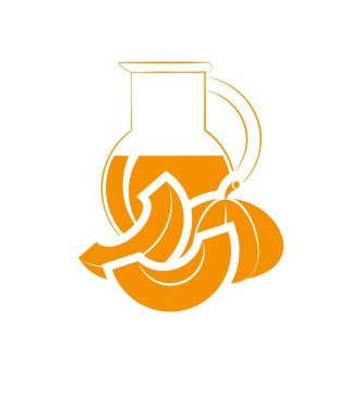 Yiyecek ve içecekler. Siluet. Ön planda bir sürahi balkabağı suyu ve balkabağı dilimleri. Monokrom görüntüsü. Metin için boş yer var. Vektör illüstrasyonu.