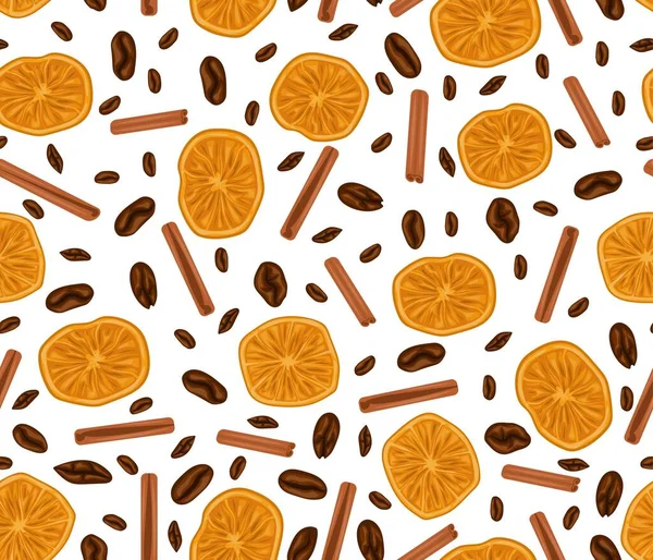 Rodajas Naranja Palitos Canela Granos Café Patrón Sin Costuras Imagen — Vector de stock