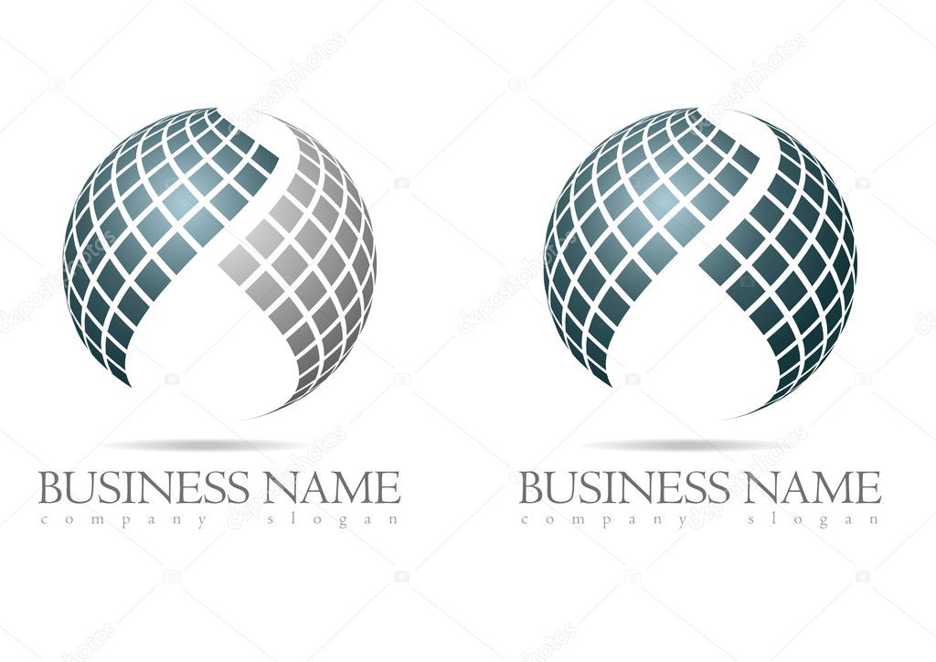 Business logo in silver sphere design with blue and gray cubes