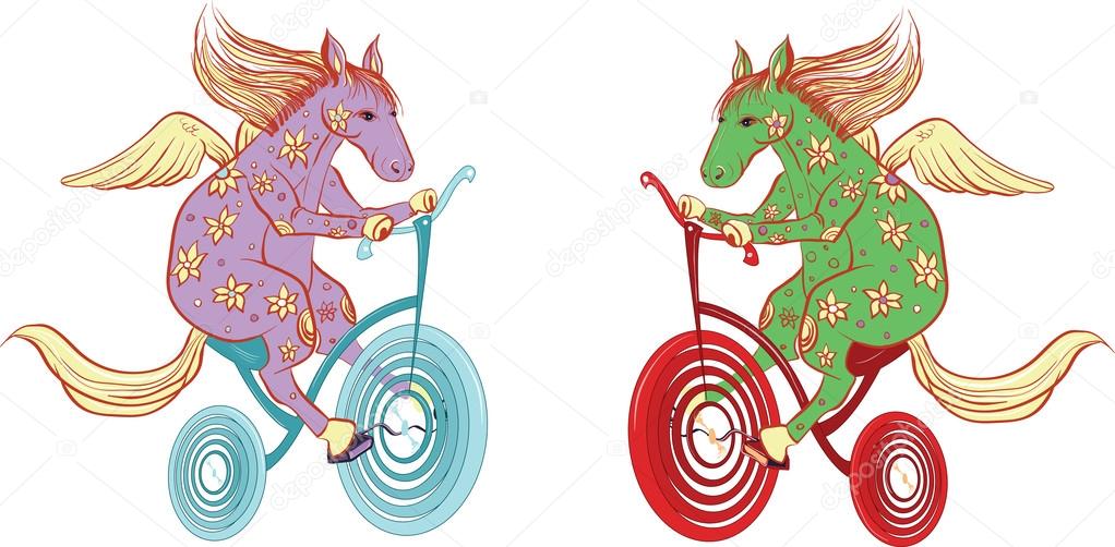 Two cheerful Pegasus roll on bike