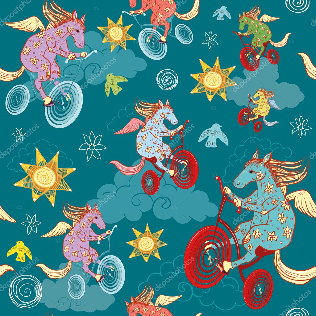 Seamless pattern with fantasy horses, pegasus rides a bicycle in the sky