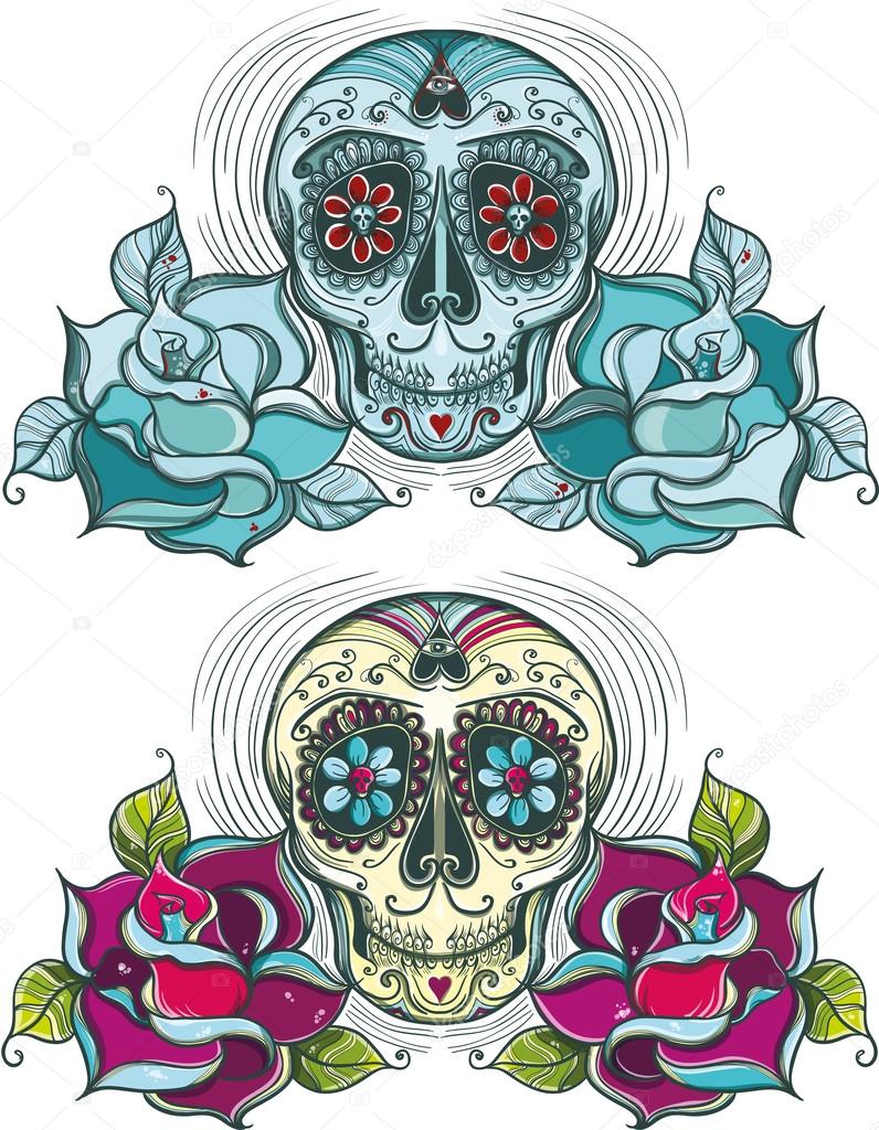 Vector sugar skull with roses. Colorful and unicolour