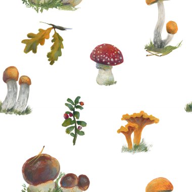 Bitkiler ve mantarlarla dolu orman temalı el yapımı gouache deseni. Sıcacık sonbahar raster arka planı.