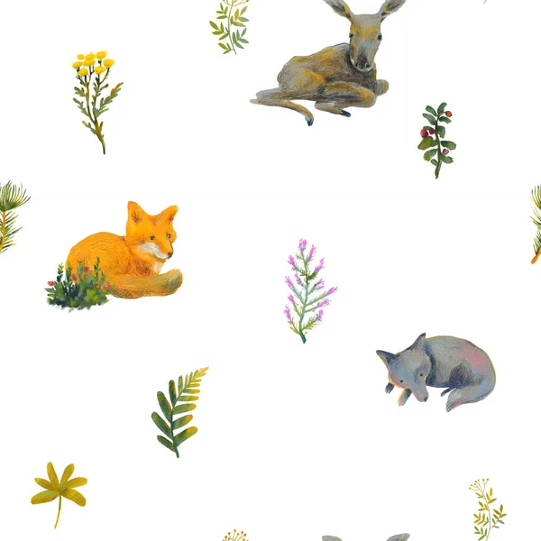 Handgezeichnetes Nahtloses Muster Aus Gouache Mit Einem Waldmotiv Mit Tieren — Stockfoto