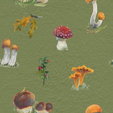 Bitkiler ve mantarlarla dolu orman temalı el yapımı gouache deseni. Sıcacık sonbahar raster arka planı.