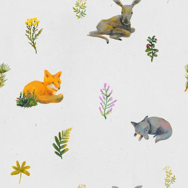 Kézzel Rajzolt Gouache Zökkenőmentes Minta Egy Erdei Téma Állatokkal Növényekkel — Stock Fotó