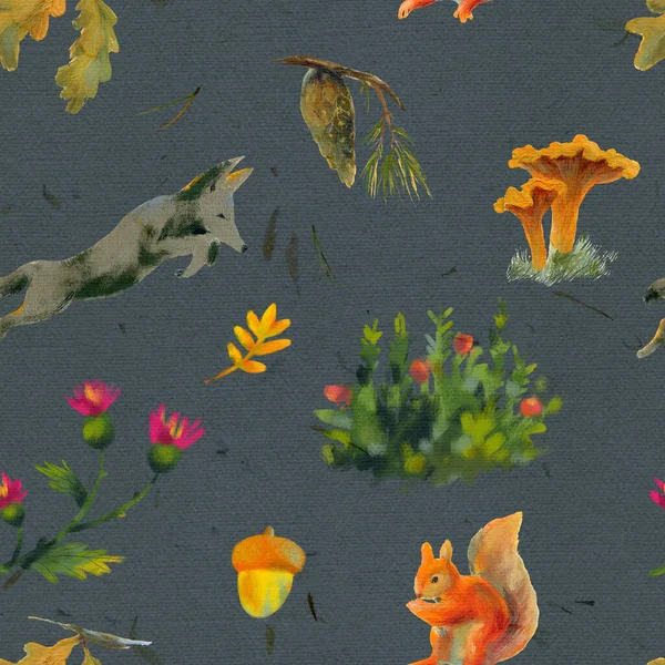 手绘水蜜桃无缝图案 森林主题与动物 植物和蘑菇 凉爽的秋色背景 — 图库照片