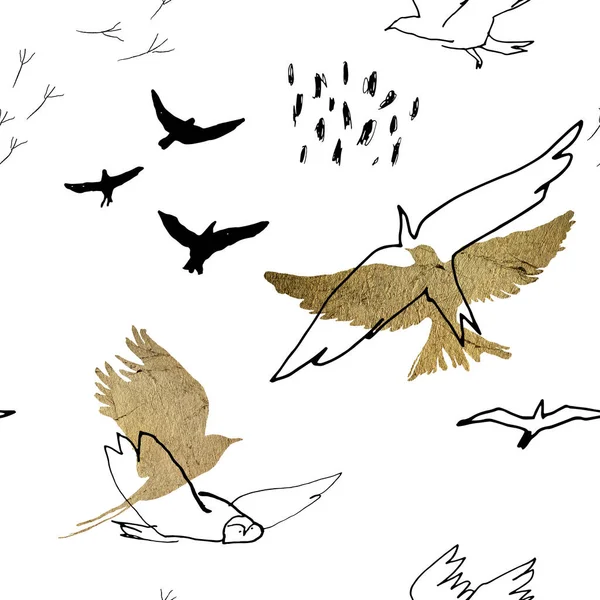 Seamless Pattern Hand Drawn Golden Linear Birds Graphic Linear Elements — Stock Photo, Image