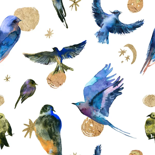 Seamless Pattern Watercolor Hand Drawn Birds Golden Elements Stars Moon — Stock Photo, Image