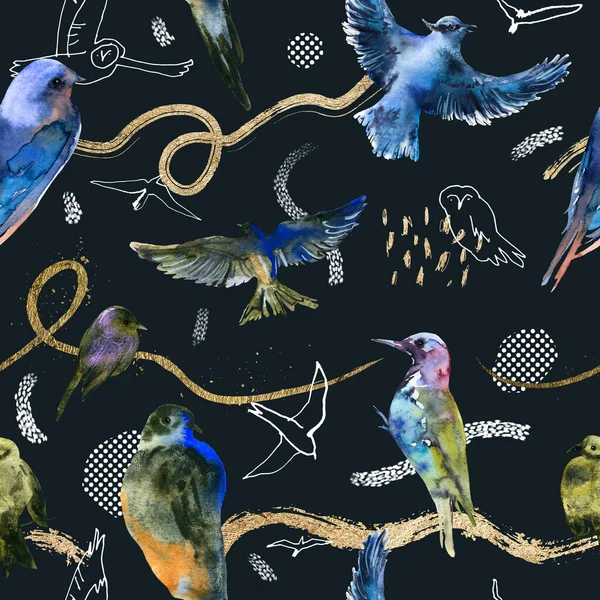 Motif Sans Couture Avec Aquarelle Oiseaux Linéaires Dessinés Main Éléments — Photo