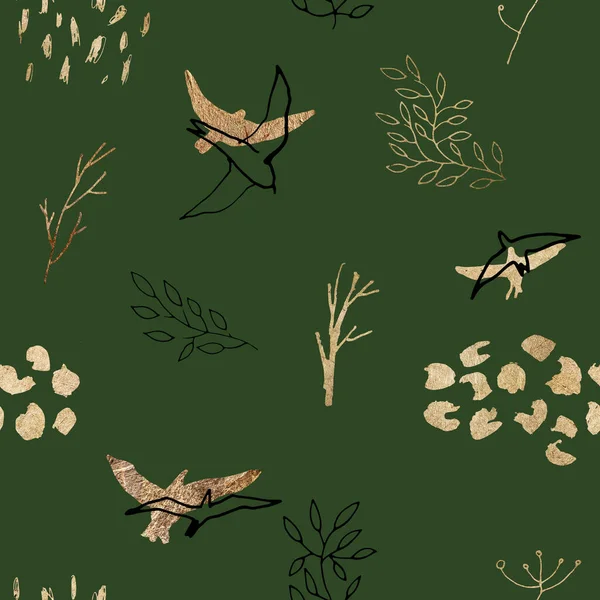 Бесшовный Рисунок Ручным Рисунком Золотых Линейных Птиц Растений Графических Линейных — стоковое фото